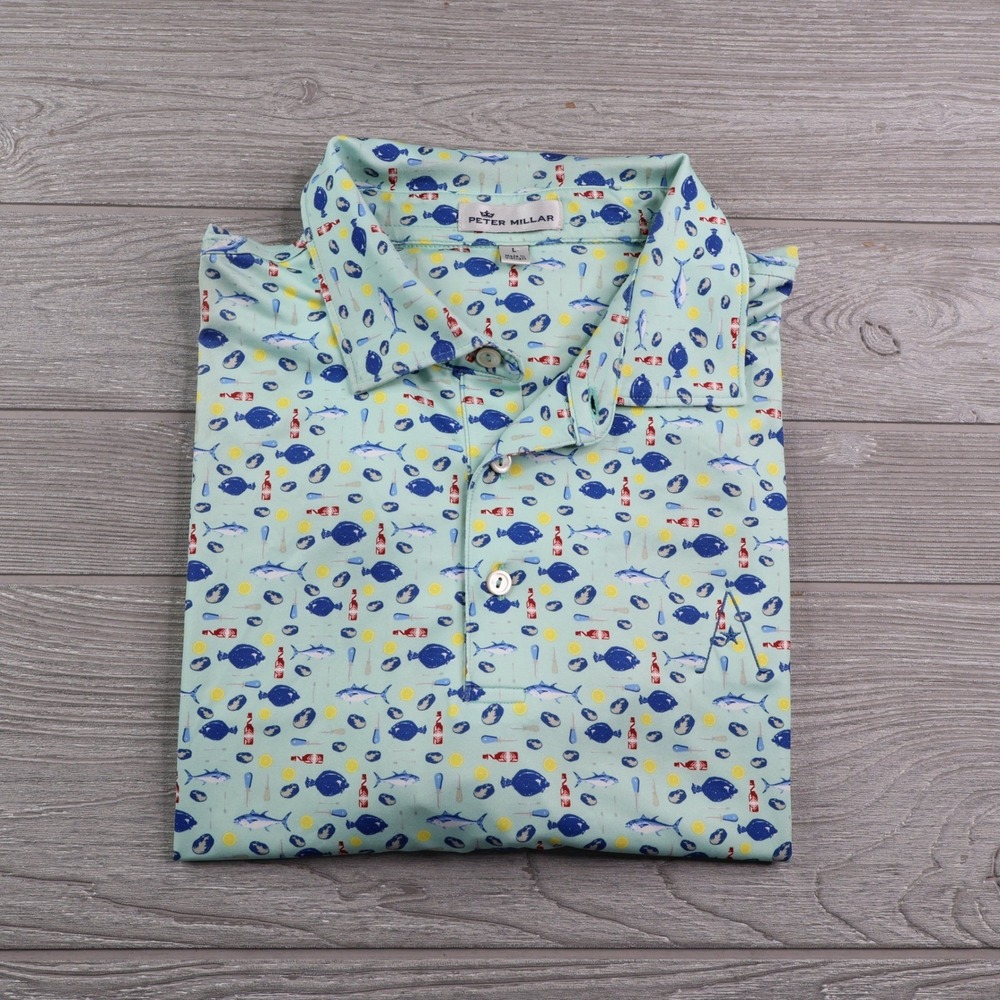 Peter Millar Summer Comfort Alotian Golf Club Men's L Polo Fish AOP Mint
